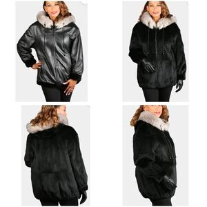 Woman's Dyed Black Sheared Mink Fur Parka Reversing to Black Leather M/L